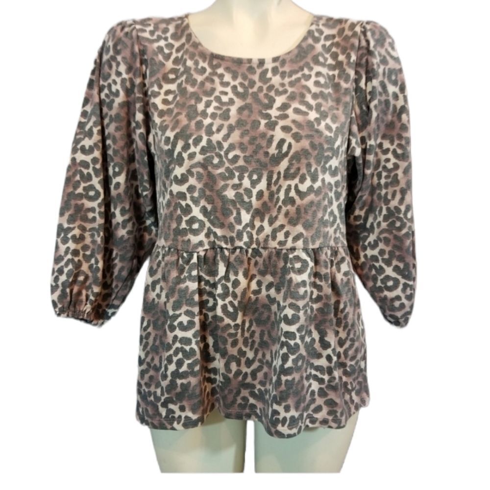 Bobeau Leopard Print Baby Doll Top Size Small